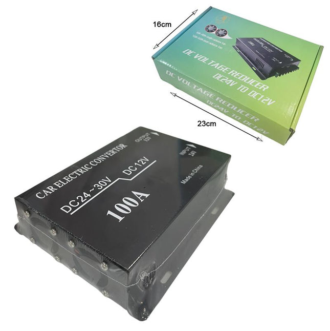 EJC DC voltage reducer 100A με πράσινη συσκευασία και διαστάσεις 23cm x 16cm
