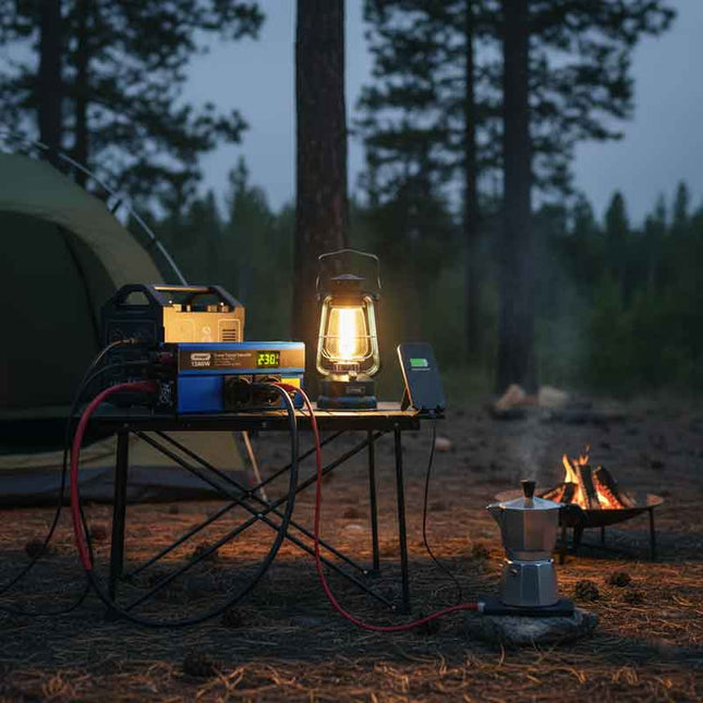 Andowl QY-7012 inverter σε χρήση σε σκηνή camping με φωτιστικό και συσκευές
