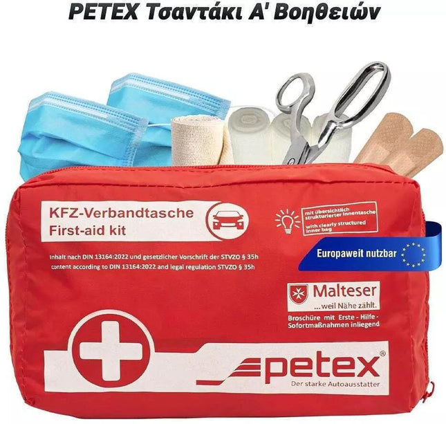 Petex φαρμακείο αυτοκινήτου DIN 13164-2022 σε κόκκινο τσαντάκι με μάσκες