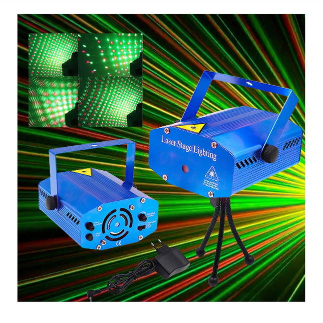 Μπλε προβολέας laser με μεταλλική βάση, εύκαμπτο τρίποδο, τροφοδοτικό και παραδείγματα κόκκινου και πράσινου φωτισμού.
