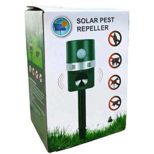 Συσκευασία Solar Pest Repeller με εικόνα πράσινης συσκευής κήπου και σύμβολα ζώων.