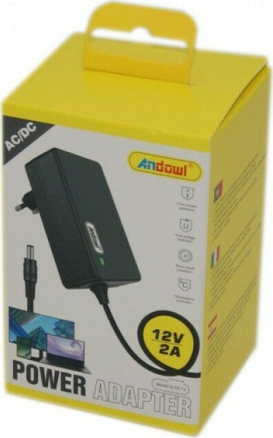 Andowl Q-DC12 power adapter 12V 2A σε κίτρινη συσκευασία