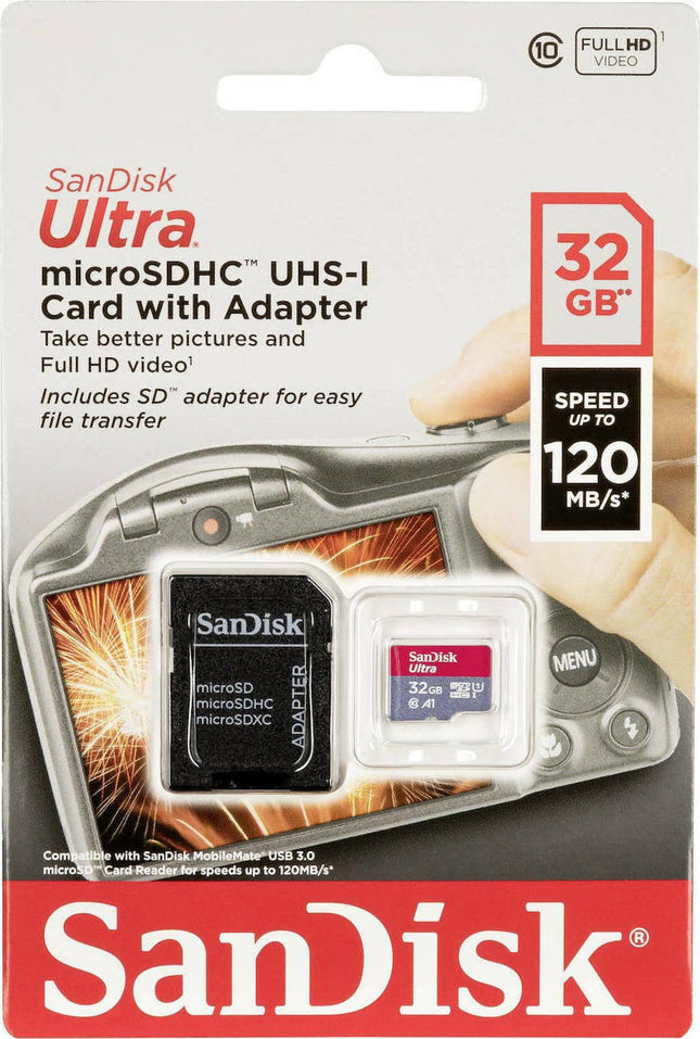 κάρτα μνήμης microSDHC 32GB με αντάπτορα SD για smartphone, tablet, φωτογραφικές μηχανές και συσκευές που υποστηρίζουν microSD