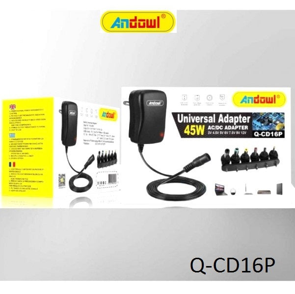 Συσκευασία Andowl Q-CD16P universal adapter 45W με σετ βυσμάτων