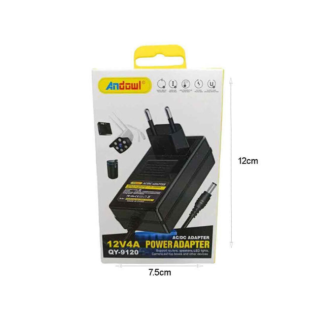 Andowl QY-9120 power adapter συσκευασία με διαστάσεις 12cm και 7.5cm