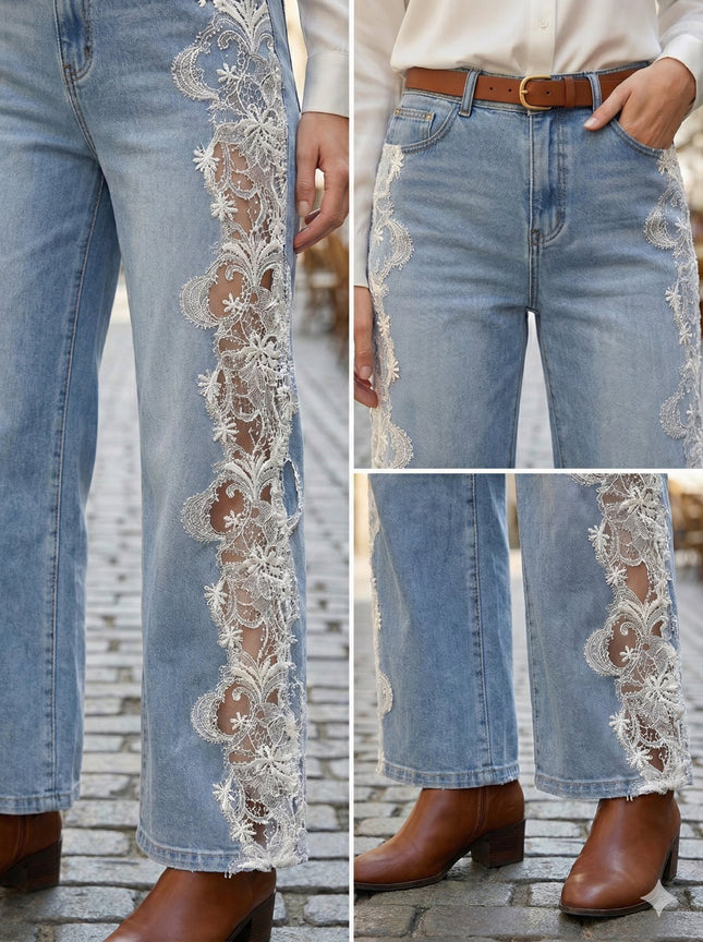 Γυναικείο Ψηλόμεσο Τζιν Παντελόνι σε Wide-Leg Γραμμή με Λευκή Δαντέλα Γυναικεία Ρούχα λεπτομέρεια προϊόντος