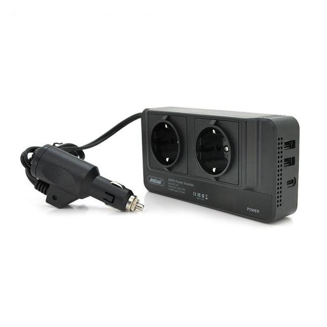Andowl Q-CC8200 inverter αυτοκινήτου 300W με δύο πρίζες Σούκο και καλώδιο αναπτήρα
