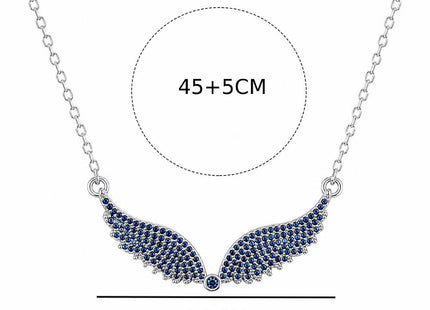 Ασημί κολιέ με μπλε στρας, αλυσίδα 45 συν 5cm και διακοσμητικό φτερών 4,5cm