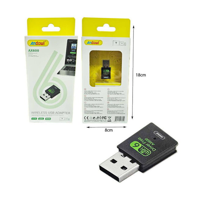 Συσκευασία Andowl AX600 Wireless USB Adapter και μαύρος mini αντάπτορας Wi-Fi 6