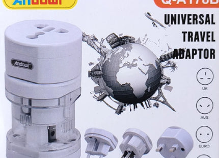 Συσκευασία Andowl Q-A178B Universal Travel Adaptor και λευκός αντάπτορας με εναλλασσόμενα φις
