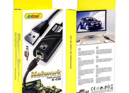 Μπροστινή και πίσω όψη συσκευασίας Andowl Q-C28 Network Cable Converter