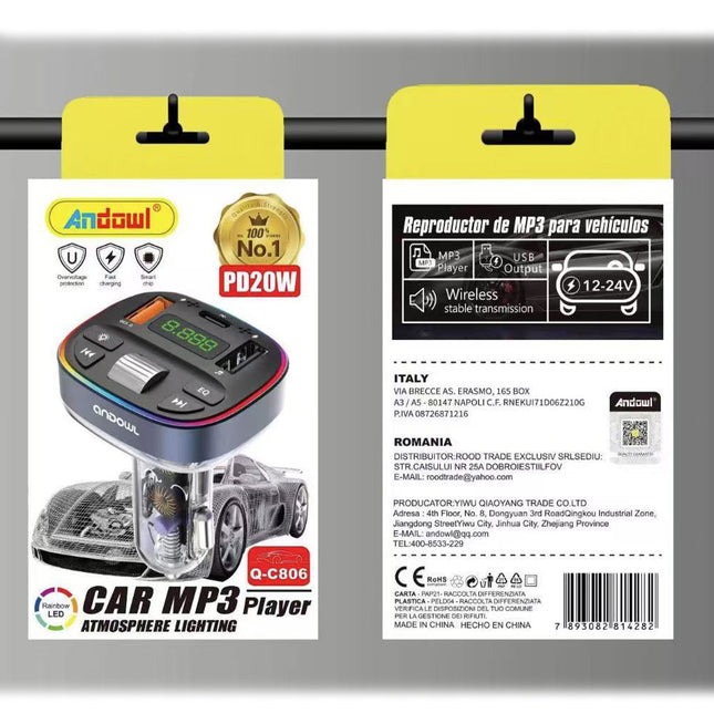 Andowl Q-C806 FM Transmitter αυτοκινήτου Bluetooth με διπλή USB και LED οθόνη