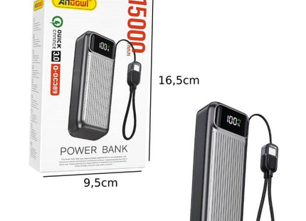 Power bank Andowl Q-DC389 15000mAh με συσκευασία διαστάσεων 16,5 x 9,5 cm