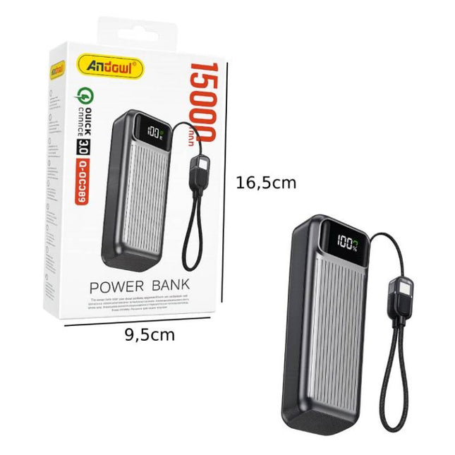 Power bank Andowl Q-DC389 15000mAh με συσκευασία διαστάσεων 16,5 x 9,5 cm