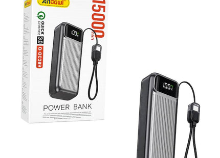 Μαύρο power bank Andowl Q-DC389 15000mAh με ψηφιακή οθόνη, ενσωματωμένο καλώδιο και συσκευασία