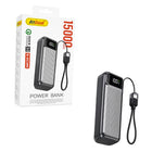 Μαύρο power bank Andowl Q-DC389 15000mAh με ψηφιακή οθόνη, ενσωματωμένο καλώδιο και συσκευασία