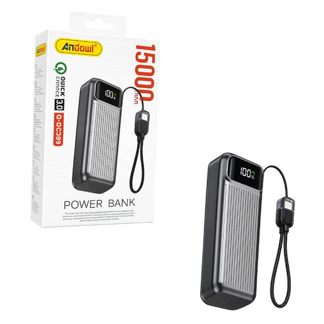 Μαύρο power bank Andowl Q-DC389 15000mAh με ψηφιακή οθόνη, ενσωματωμένο καλώδιο και συσκευασία