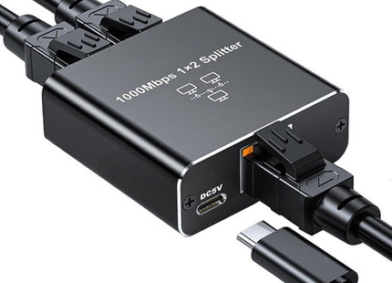 Μαύρος διακλαδωτής Andowl Q-RJ113 1000Mbps με καλώδια RJ45 και θύρα τροφοδοσίας USB-C