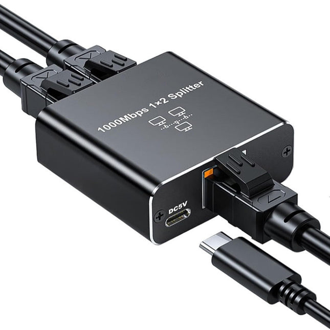 Μαύρος διακλαδωτής Andowl Q-RJ113 1000Mbps με καλώδια RJ45 και θύρα τροφοδοσίας USB-C