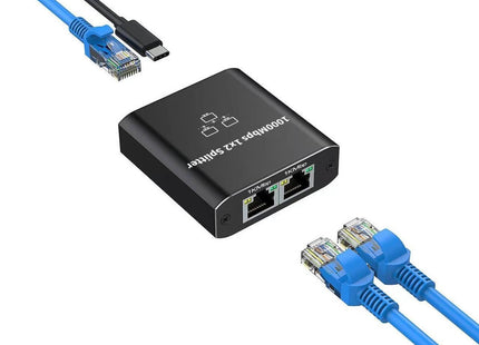 Διακλαδωτής δικτύου 1 σε 2 με θύρες RJ45 καλώδια Ethernet και καλώδιο τροφοδοσίας USB-C