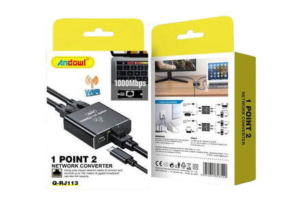 Μπροστινή και πίσω όψη συσκευασίας Andowl Q-RJ113 1 Point 2 Network Converter
