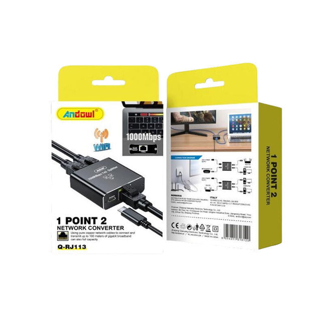 Μπροστινή και πίσω όψη συσκευασίας Andowl Q-RJ113 1 Point 2 Network Converter