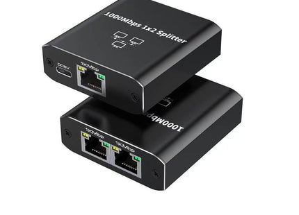 Μαύρος διακλαδωτής δικτύου με μία θύρα RJ45 εισόδου και δύο θύρες RJ45 εξόδου