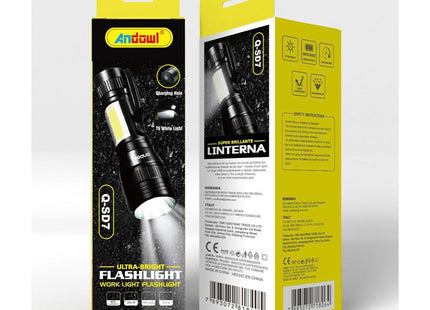 Andowl Q-SD7 flashlight work light με μπροστινή και πλευρική όψη συσκευασίας