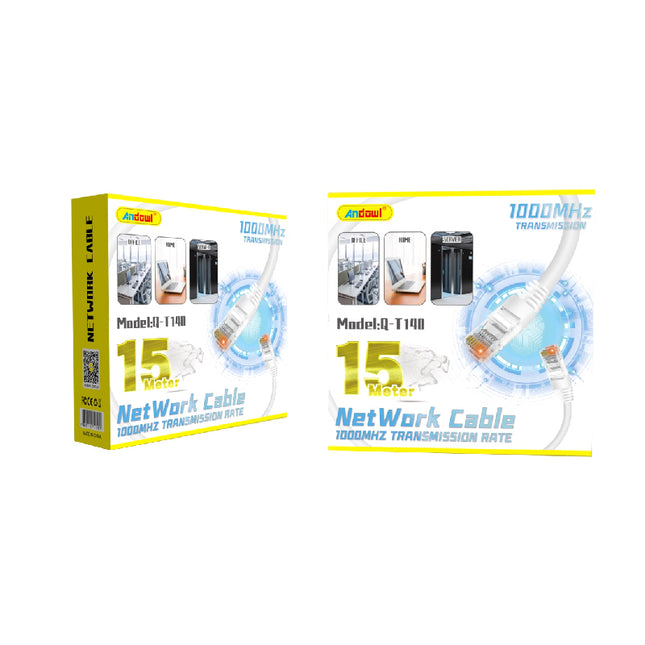 Συσκευασία Andowl Q-T140 Network Cable 15 Meter με λευκό καλώδιο και βύσματα RJ45