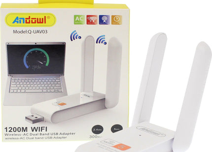 Συσκευασία Andowl Q-UAV03 AC1200 dual band και λευκός USB αντάπτορας με δύο κεραίες