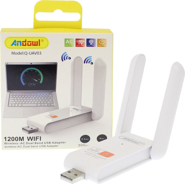 Συσκευασία Andowl Q-UAV03 AC1200 dual band και λευκός USB αντάπτορας με δύο κεραίες