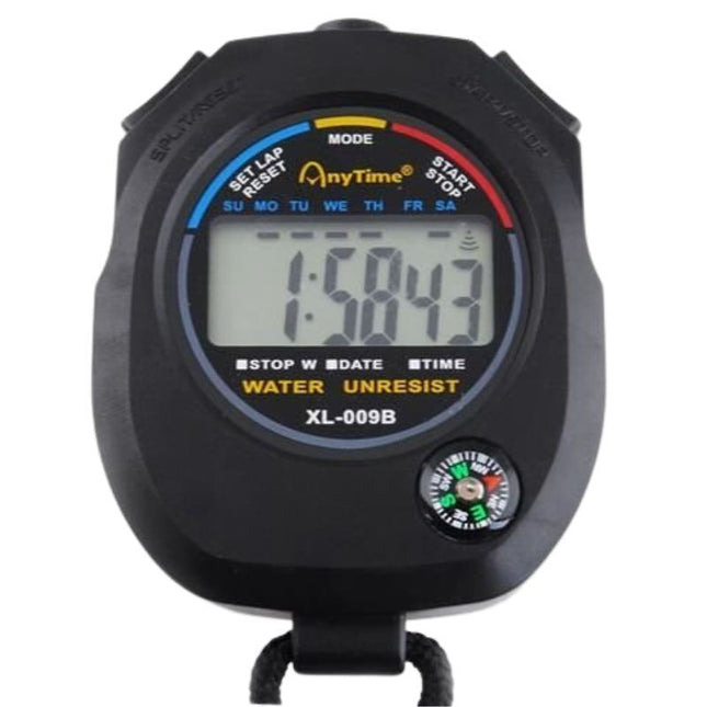 Μαύρο ψηφιακό χρονόμετρο AnyTime XL-009B με LCD οθόνη και μικρή αναλογική πυξίδα.