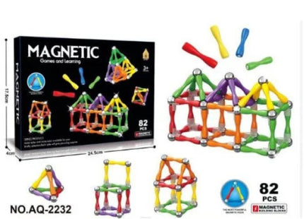 Συσκευασία AQ-2232 με 82 πολύχρωμες μαγνητικές ράβδους σφαίρες και παραδείγματα κατασκευών