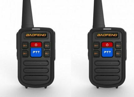 Δύο μαύρα Baofeng BF-C50 Mini walkie talkie σε μπροστινή όψη