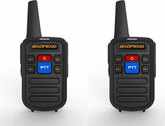 Δύο μαύρα Baofeng BF-C50 Mini walkie talkie σε μπροστινή όψη