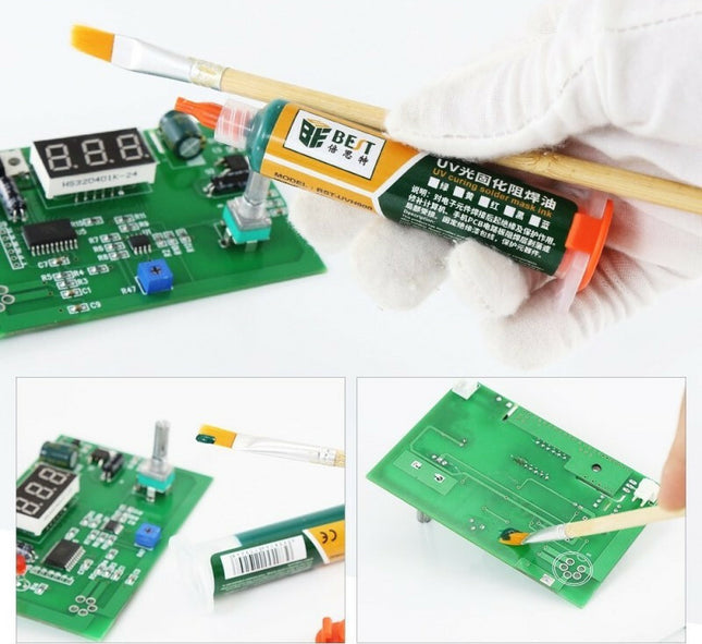 Εφαρμογή πράσινου Best UV solder mask με πινέλο σε ηλεκτρονική πλακέτα PCB
