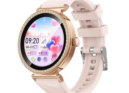 Χρυσό Borofone BD17 smartwatch με ροζ λουράκι, στρογγυλή οθόνη και διακοσμητική στεφάνη.