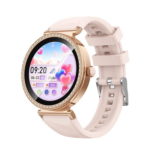 Χρυσό Borofone BD17 smartwatch με ροζ λουράκι, στρογγυλή οθόνη και διακοσμητική στεφάνη.