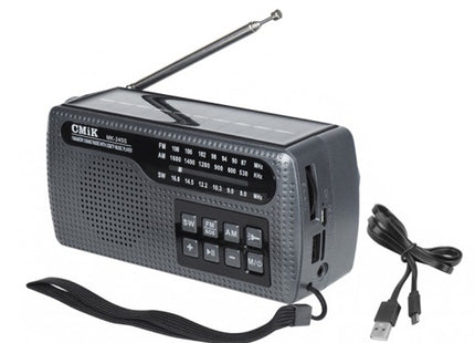CMiK MK-245S μαύρο φορητό ραδιόφωνο με ηλιακό πάνελ, κεραία, USB καλώδιο και λουράκι