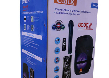 Συσκευασία CMiK MK-B26 με εικόνα ηχείου karaoke, μικροφώνου, τηλεχειριστηρίου και ένδειξη 8000W PMPO