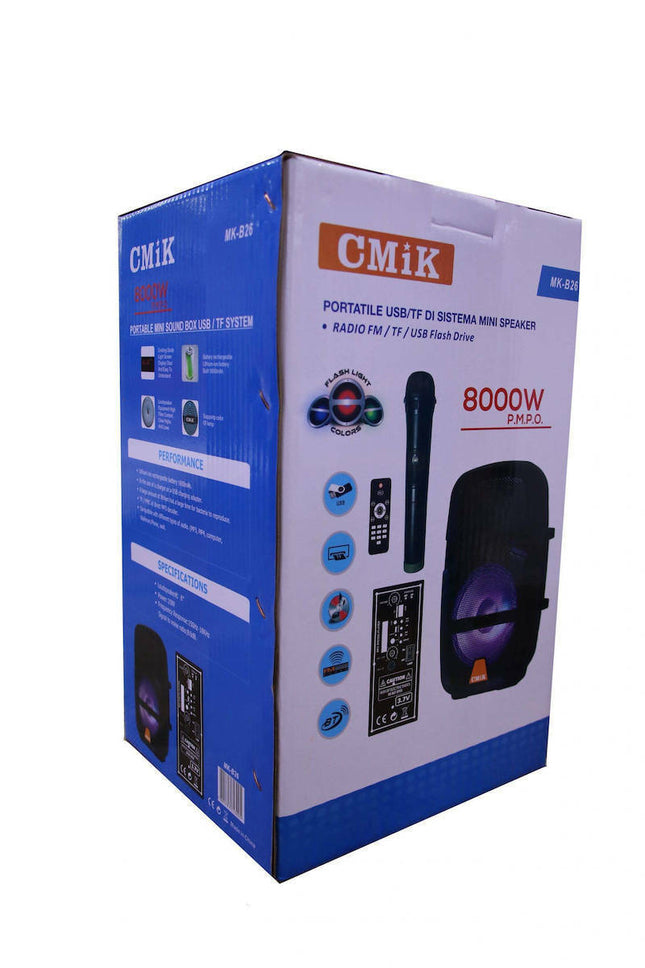 Συσκευασία CMiK MK-B26 με εικόνα ηχείου karaoke, μικροφώνου, τηλεχειριστηρίου και ένδειξη 8000W PMPO