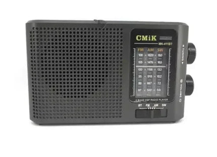 Μαύρο επιτραπέζιο ραδιόφωνο CMiK MK-411BT με μπροστινό ηχείο και κλίμακα συντονισμού
