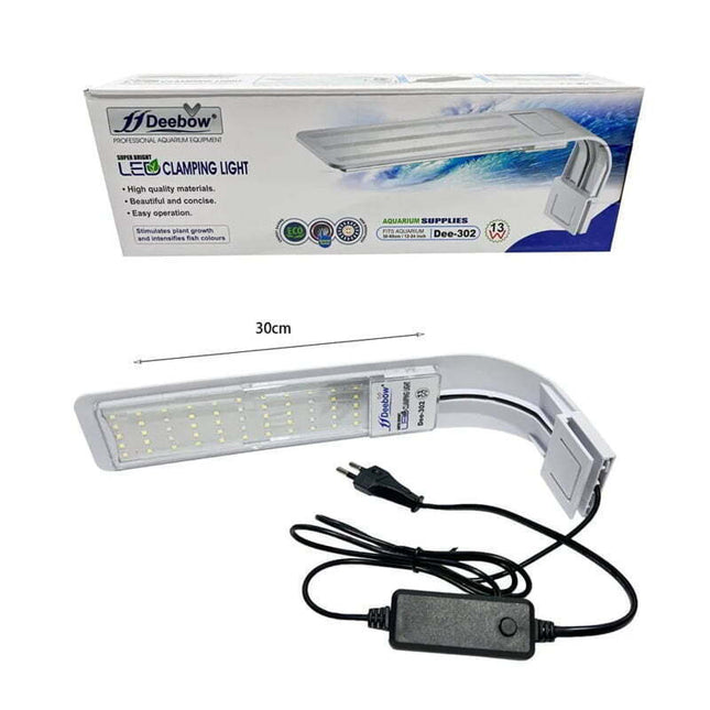 Συσκευασία Deebow Dee-302 και φωτιστικό ενυδρείου LED μήκους 30 cm με καλώδιο και διακόπτη