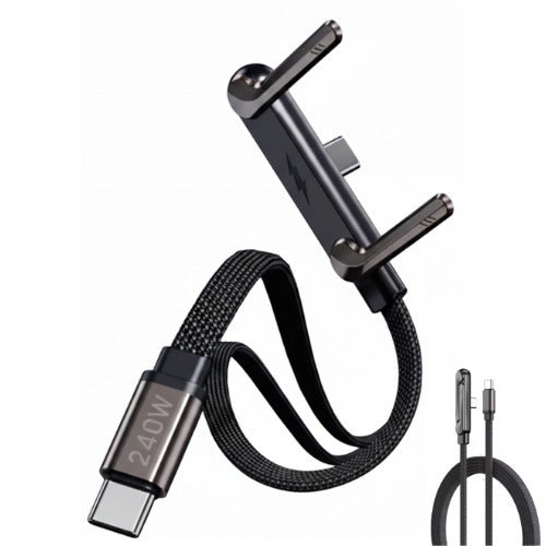 Μαύρο πλεκτό καλώδιο EZRA DC422 USB-C σε USB-C 240W με ενσωματωμένη αναδιπλούμενη βάση κινητού.