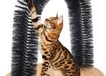 Ριγέ γάτα κάτω από μαύρη αψίδα βούρτσας Forcats Purrfect Arch σε οβάλ βάση