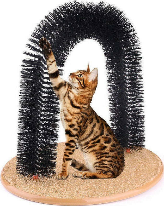 Ριγέ γάτα κάτω από μαύρη αψίδα βούρτσας Forcats Purrfect Arch σε οβάλ βάση
