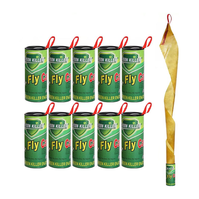 Δέκα ρολά Green Killer Fly Catcher και μία ξετυλιγμένη κρεμαστή λωρίδα
