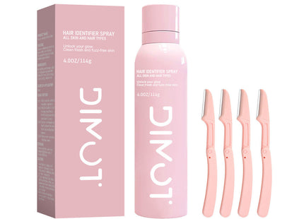 Hair Identifier Spray 114g σε ροζ χρώμα με συσκευασία και τέσσερα ξυραφάκια προσώπου