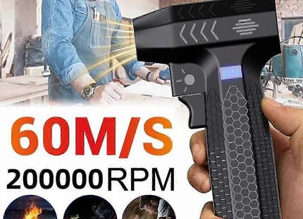 Μαύρος φυσητήρας χειρός με αναγραφή 200000RPM και 60m/s σε εικόνα χρήσης