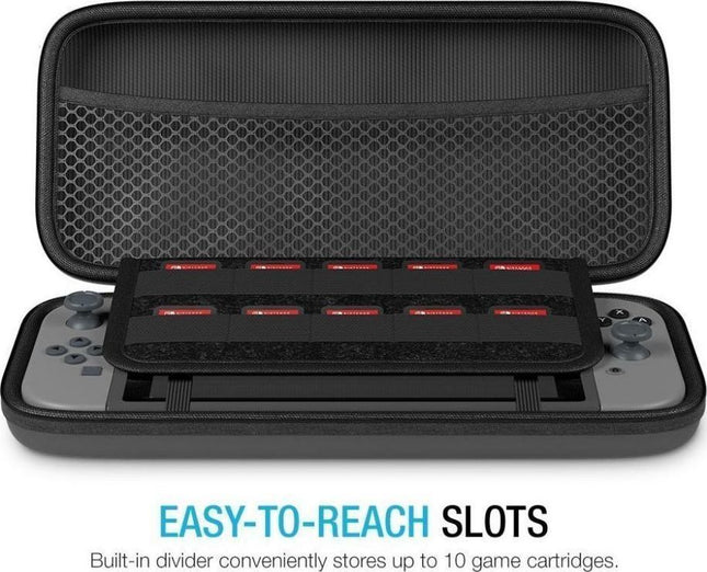 Ανοιχτή μαύρη θήκη Nintendo Switch με δικτυωτή τσέπη και δέκα εμφανείς θέσεις για κάρτες παιχνιδιών.